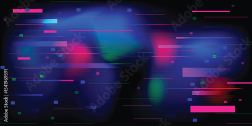 Glitch pixel backdrop. Data noise wide banner. Disintegration effect with color pixels. Digital abstract distortion and lines. Cyberpunk screen effect. Vector illustration