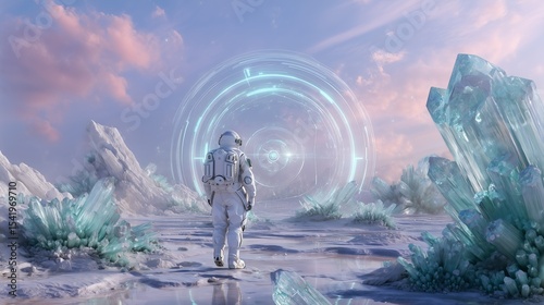 Astronaut walks on a frozen alien world towards a glowing circular portal, surrounded by turquoise crystals, under a pink and purple sky