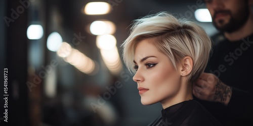A woman with short blonde hair gets a stylish haircut in a modern salon with blurred lights in the background.