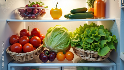 Outdoor refrigerator filled with fresh summer produce, healthy choices