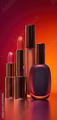 Three lipsticks and one nail polish bottle with shimmering red and pink hues against a vibrant red-orange gradient background.