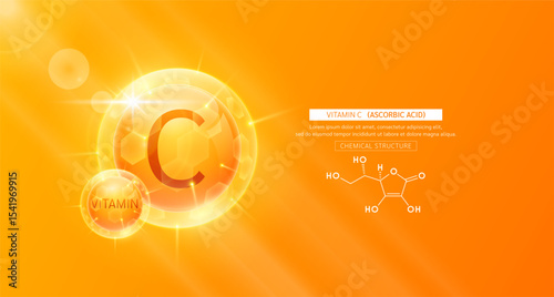 Vitamin C orange or Ascorbic Acid and chemical structure. Vitamins complex serum. For design skin care products beauty treatment. Medical scientific concepts. Vector EPS10.