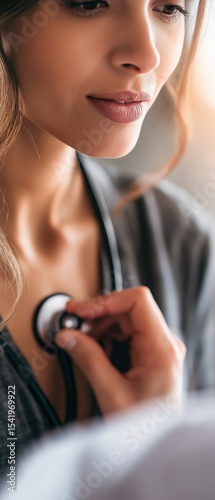 A close-up of a woman having her heartbeat checked with a stethoscope by a healthcare professional.