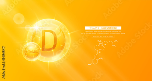 Vitamin D orange or Secosteroids and chemical structure. Vitamins complex serum. For design skin care products beauty treatment. Medical scientific concepts. Vector EPS10.