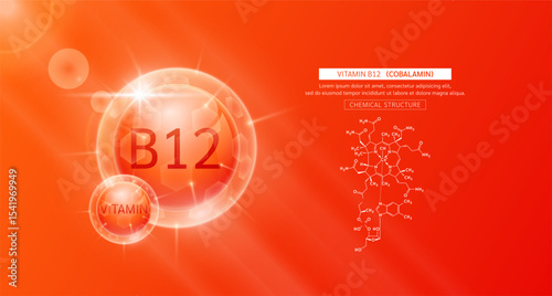 Vitamin B12 red or Cobalamin and chemical structure. Vitamins complex serum. For design skin care products beauty treatment. Medical scientific concepts. Vector EPS10.