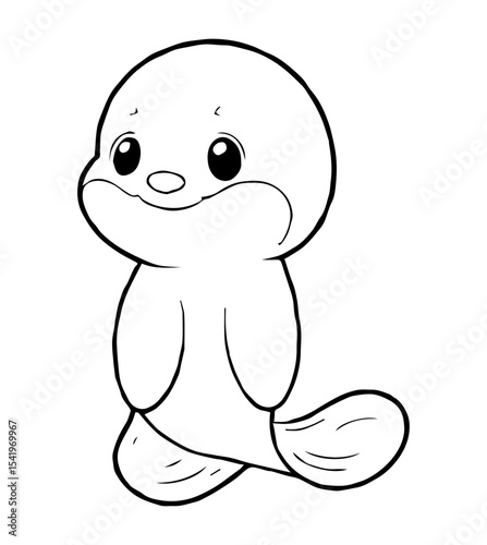 A cartoon seal with large eyes chubby cheeks and a sleek simple design