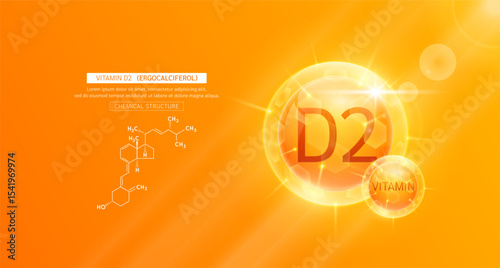 Vitamin D2 orange or Ergocalciferol and chemical structure. Vitamins complex serum. For design skin care products beauty treatment. Medical scientific concepts. Vector EPS10.