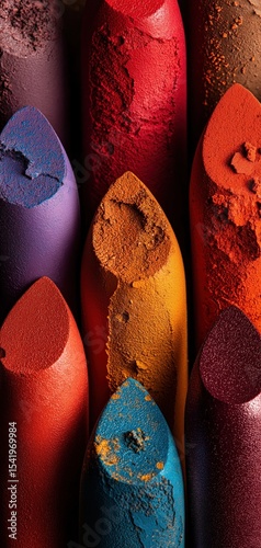 Close-up of colorful, textured pastel sticks showcasing vibrant hues of red, orange, purple, blue, and brown with rough, detailed surfaces.