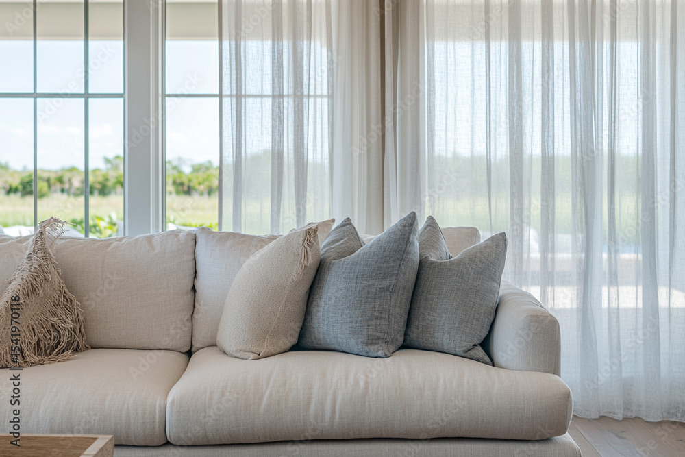 Fototapeta premium Contemporary coastal living room with linen sofa and sheer curtains