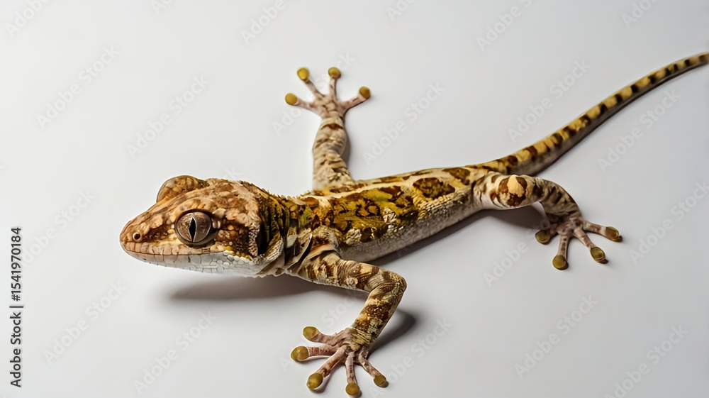 Naklejka premium A leopard gecko with a patterned body standing on a white surface, isolated against a clean backdrop.