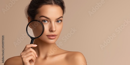 A young woman holds a magnifying glass near her eye, highlighting her clear skin and facial features against a neutral background.
