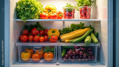 Outdoor refrigerator filled with fresh summer produce, healthy choices