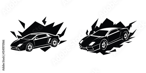 Silhouette Illustration Featuring a Sleek Sports Car Tearing Down the Track Isolated on White Background