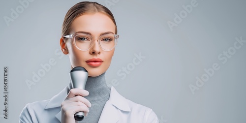 A confident female scientist wearing glasses and a lab coat holds a modern handheld device against a plain background.