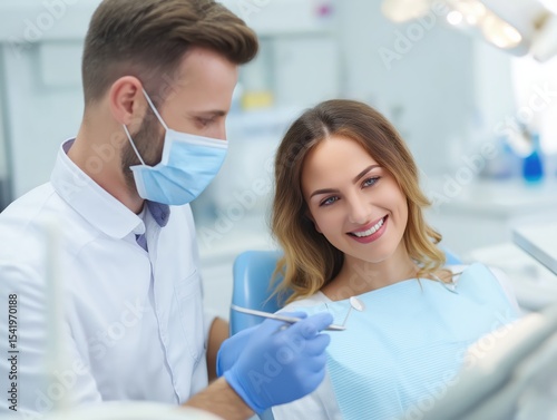 A female patient smiles at a dentist wearing a mask and gloves during a dental checkup in a bright clinic.