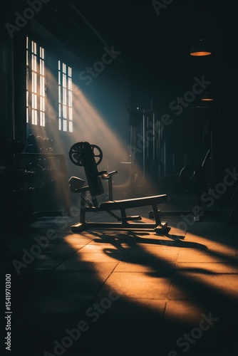 A dimly lit gym with sunlight streaming through windows, casting shadows on a bench press and gym equipment.