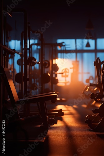 A dimly lit gym interior with exercise equipment bathed in warm sunlight streaming through large windows at sunrise or sunset.