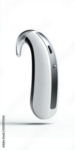 A sleek, modern behind-the-ear hearing aid device designed for discreet, enhanced auditory assistance with a smooth white and silver finish.