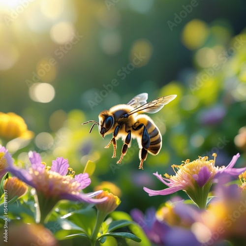 Bee flies to blooming flowers in the garden, macro photography