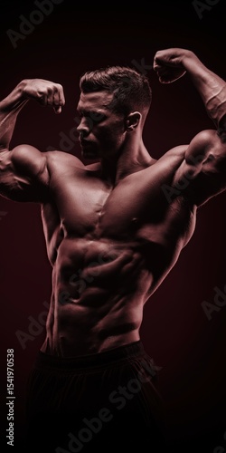 A muscular man strikes a double bicep pose, highlighting his defined physique against a dark background with dramatic lighting.