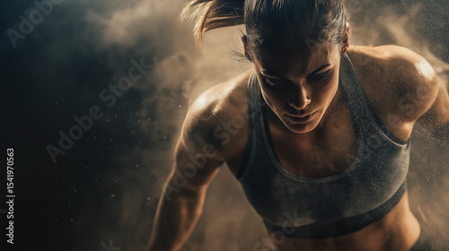 A focused female athlete in a sports bra pushes through intense training, surrounded by dust and dramatic lighting.