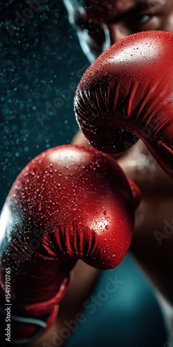 Close-up of a boxer wearing red gloves, ready to fight, with water droplets highlighting intensity and focus.