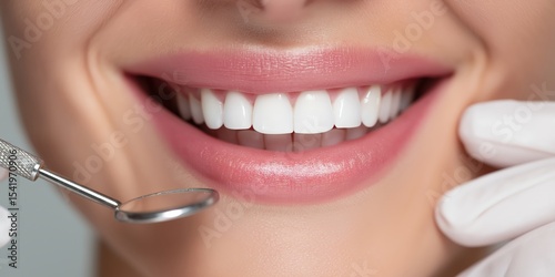 Close-up of a smiling person showing clean, white teeth during a dental checkup with a dental mirror and gloved hands visible.