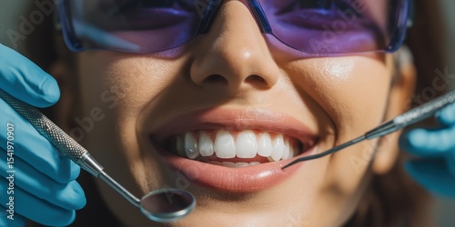 Close-up of a smiling person wearing protective glasses during a dental checkup with dental tools near their teeth.