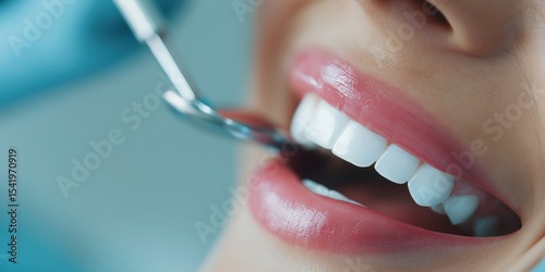 Close-up of a dental checkup showing a tool inspecting clean, white teeth and healthy pink gums.