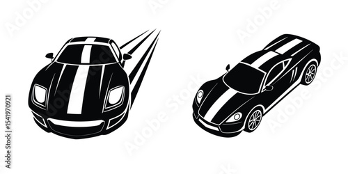 Fast Sports Car Bird Eye View Racing Into Distance Silhouette on White Background