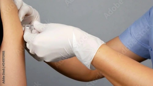  nurse wearing gloves is injecting a vaccine into a woman's arm