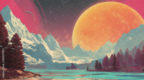 Retro background futuristic landscape 1980s style. Digital retro landscape cyber surface. Retro music album cover template : sun, space, mountains . 80s Retro Sci-Fi Background Summer Landscape.
