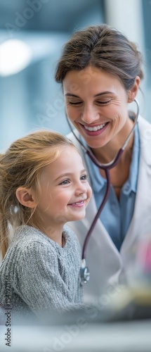 A smiling female doctor uses a stethoscope to check a happy young girl's heartbeat in a bright medical setting.
