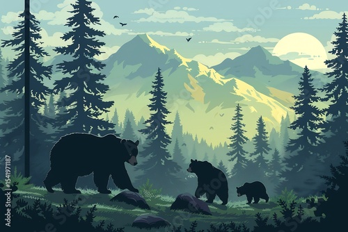 North American Forest a Family of Black Bears Foraging