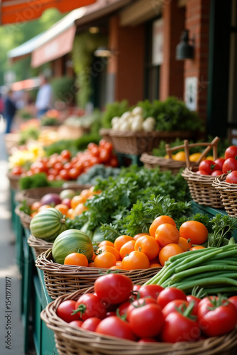 Farmer's market counter with baskets full of organic vegetables, sunny day