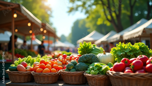 Farmer's market counter with baskets full of organic vegetables, sunny day