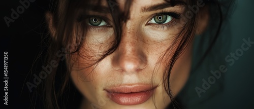 Close-up portrait of a woman with green eyes, freckles, and tousled hair, highlighting natural beauty and intense gaze.