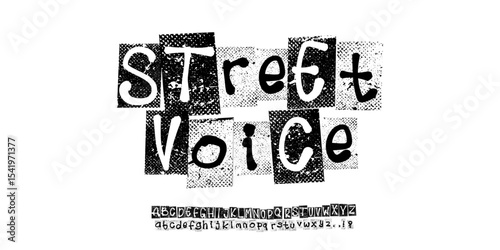 Font Streetvoice. Punk typography vector alphabet and numbers. Type specimen set for grunge font flyers and posters or ransom note style designs.