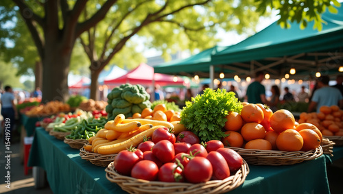 Farmer's market counter with baskets full of organic vegetables, sunny day
