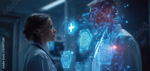A female doctor interacts with a holographic digital interface displaying medical data and a 3D human figure in a futuristic healthcare setting.