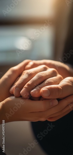 Two pairs of hands gently holding, symbolizing care, support, and compassion in a warm, softly lit setting.