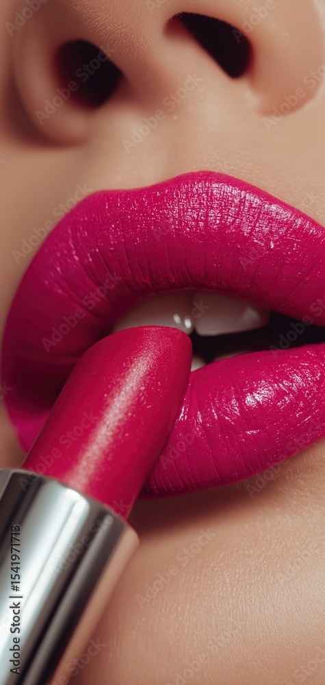 Obraz premium Close-up of lips applying vibrant magenta lipstick, highlighting smooth skin texture and glossy finish.