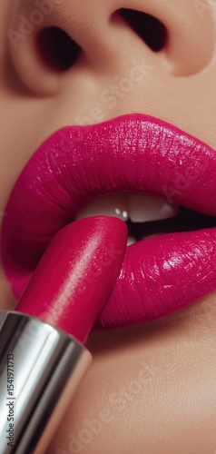 Close-up of lips applying vibrant magenta lipstick, highlighting smooth skin texture and glossy finish.