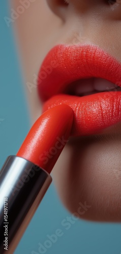 Close-up of lips applying bright red lipstick with a smooth, glossy texture against a soft blue background.