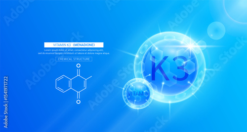 Vitamin K3 blue or Menadione and chemical structure. Vitamins complex serum. For design skin care products beauty treatment. Medical scientific concepts. Vector EPS10.