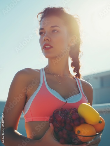 Woman in sportswear holding a bowl of fresh fruits, standing outdoors with sunlight highlighting her face and hair.