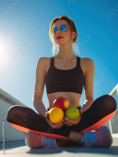 A fit woman in athletic wear and sunglasses sits cross-legged outdoors, holding colorful fresh fruits under a clear blue sky.