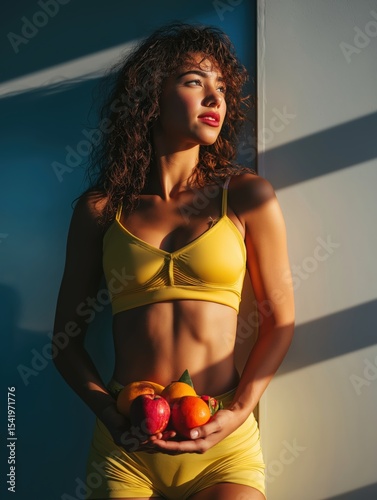A woman in yellow activewear holds fresh fruits, bathed in warm sunlight, looking thoughtfully into the distance.