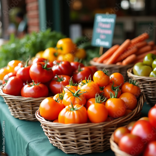 Farmer's market counter with baskets full of organic vegetables, sunny day