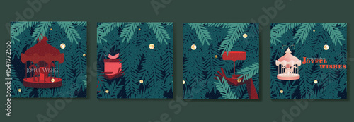 Merry Christmas and Happy New Year greeting card Set. Modern beautiful Xmas design with typography, Christmas tree branches, winter plant, snowflake pattern. Minimal art banner, poster, cover template